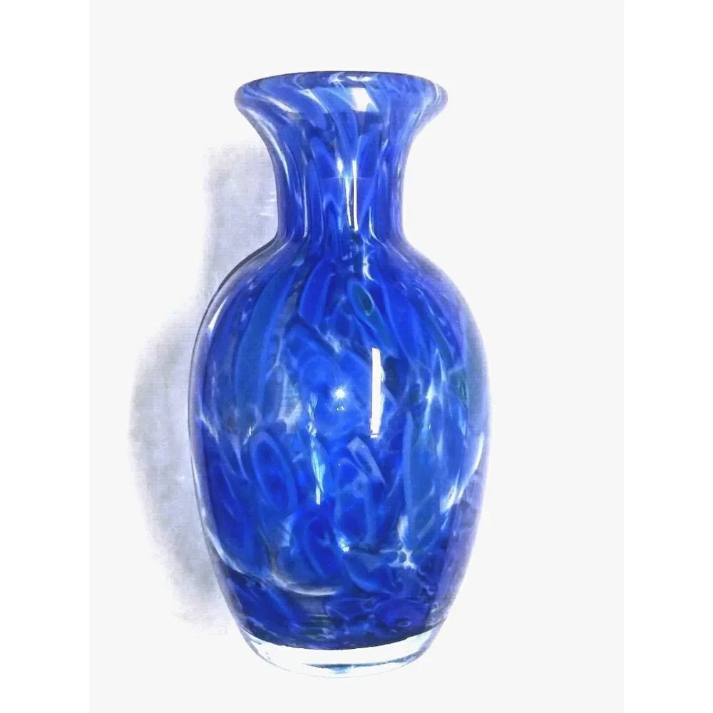Art Glass vase Splatter Mottled/Thumb print blue White Murano style 9